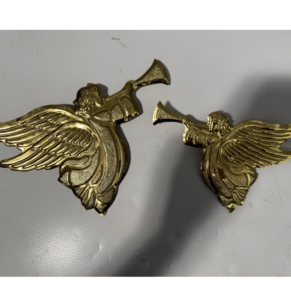 Vintage Gold Angel with Trumpet Wall Hanging Decor Set‎ of Two Christmas